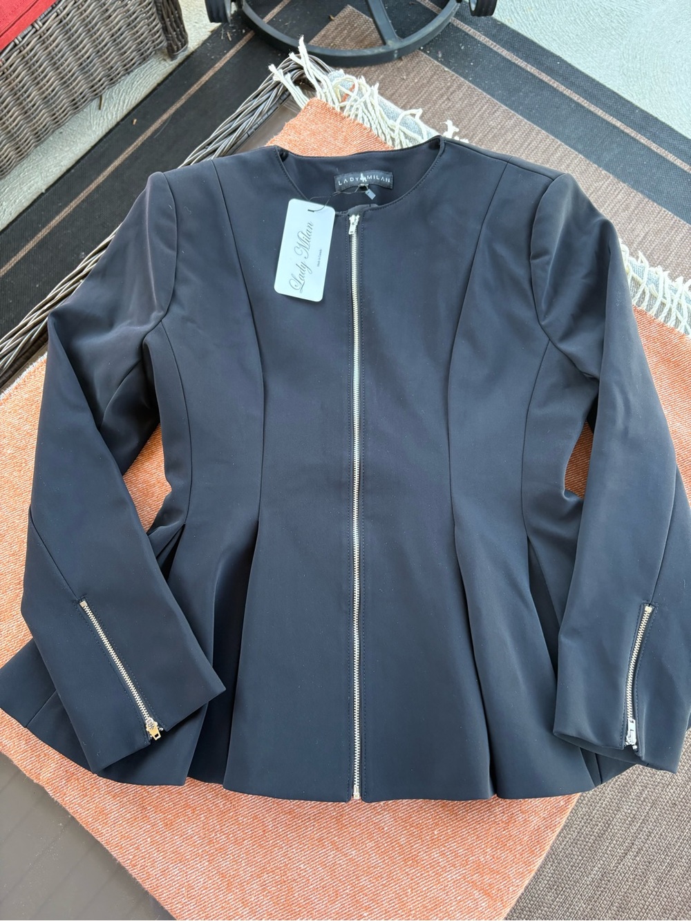 Lady Milan Black Zip-Front Peplum Blazer